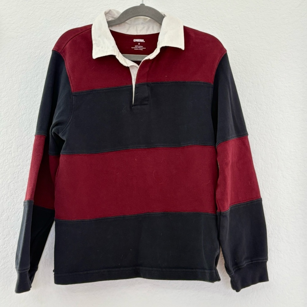 Size 8 Maroon and Navy blue striped collared shirt, rugby shirt